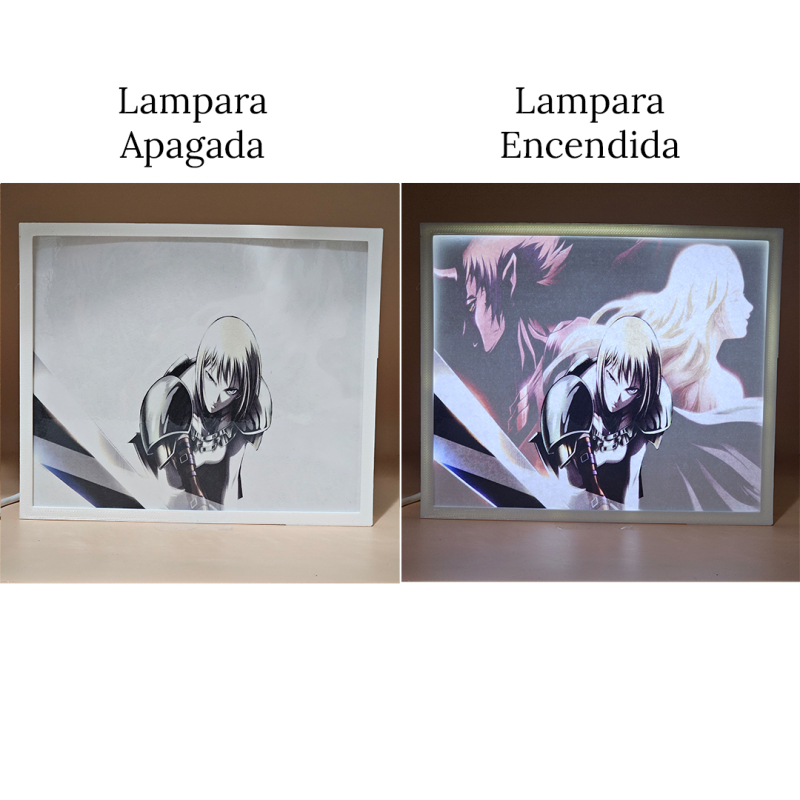 Lámpara ánime/manga  Claymore  con doble imagen del grupo Clare, Teresa y Priscilla, vista apagada y encendida, donde se revela la ilustración completa al encender la luz LED.