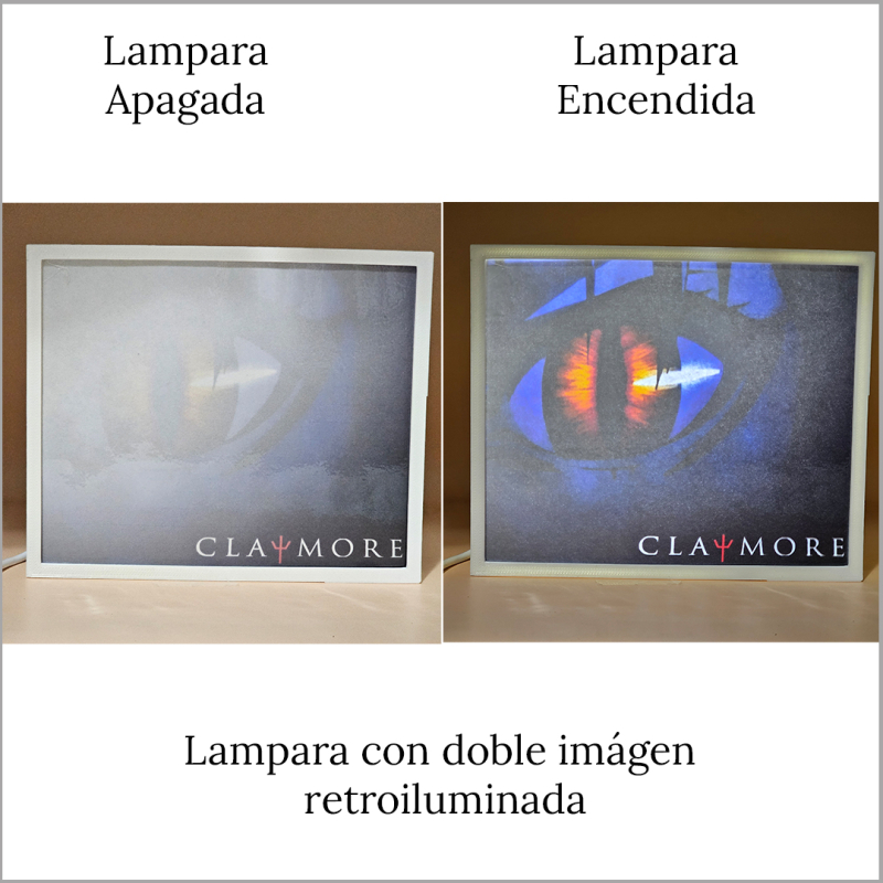 Lámpara ánime/manga  Claymore  con doble imagen del personaje Clare, vista apagada y encendida, donde se revela la ilustración completa al encender la luz LED.